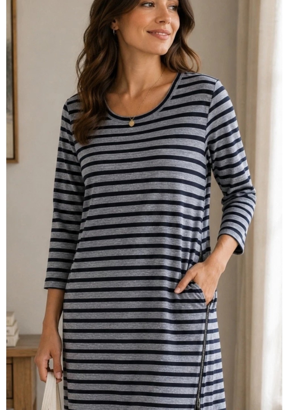 J.CREW Womans Gray Navy Striped T-Shirt Dress 100% Cotton M Knee Length Zip